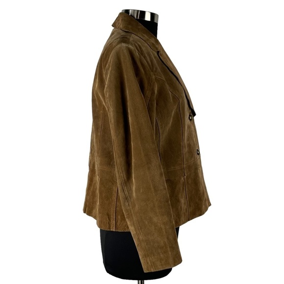 VINTAGE SUEDE LEATHER BROWN TWO BUTTON SCALLOP BLAZER JACKET COLDWATER CREEK - Picture 9 of 13